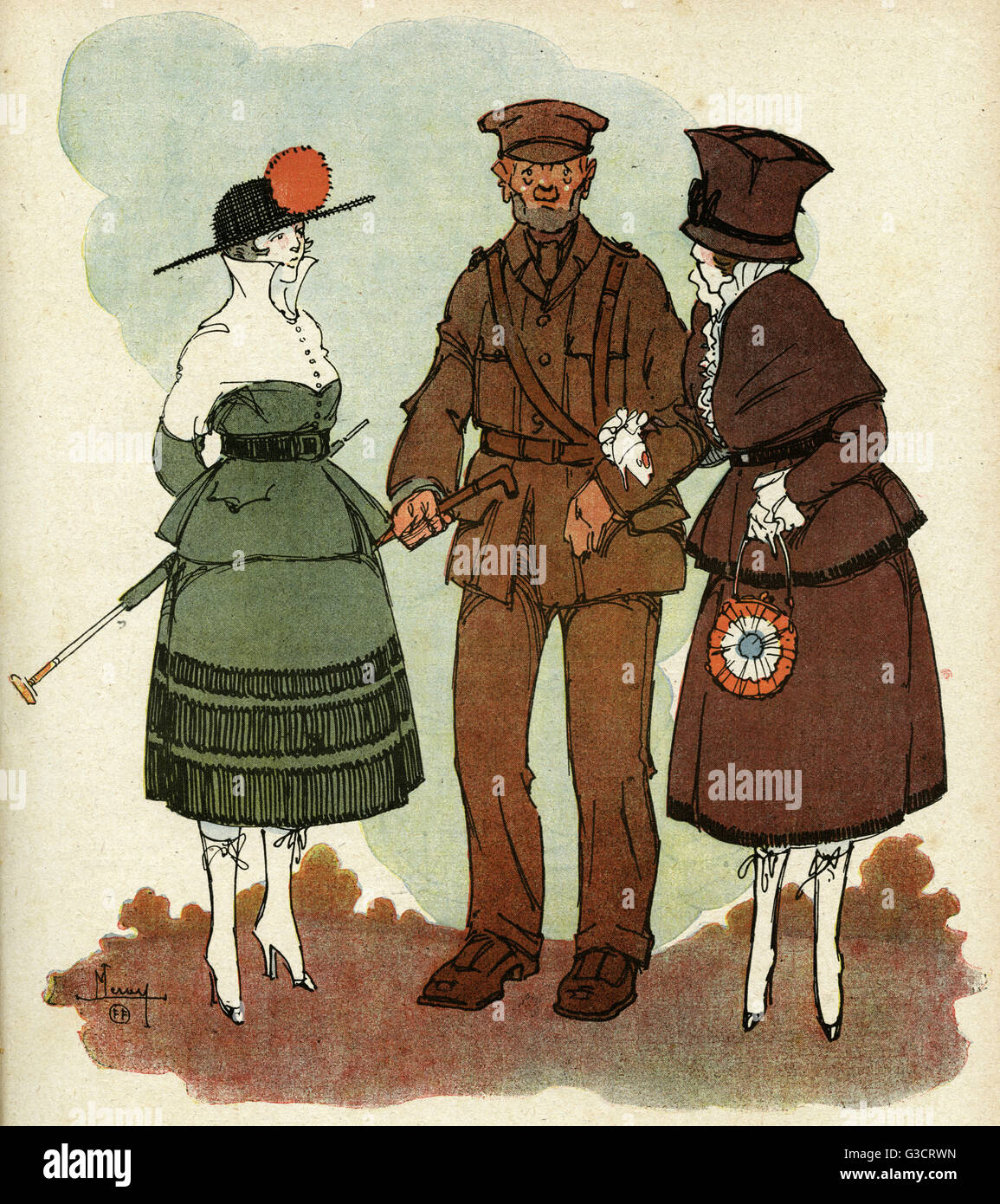 Cartoon, Humour, showing two fashionable French women chatting with an English soldier.  They say it must bother him to kill Germans.  He replies no, they've been used to it for a long time.      Date: 1916 Stock Photo