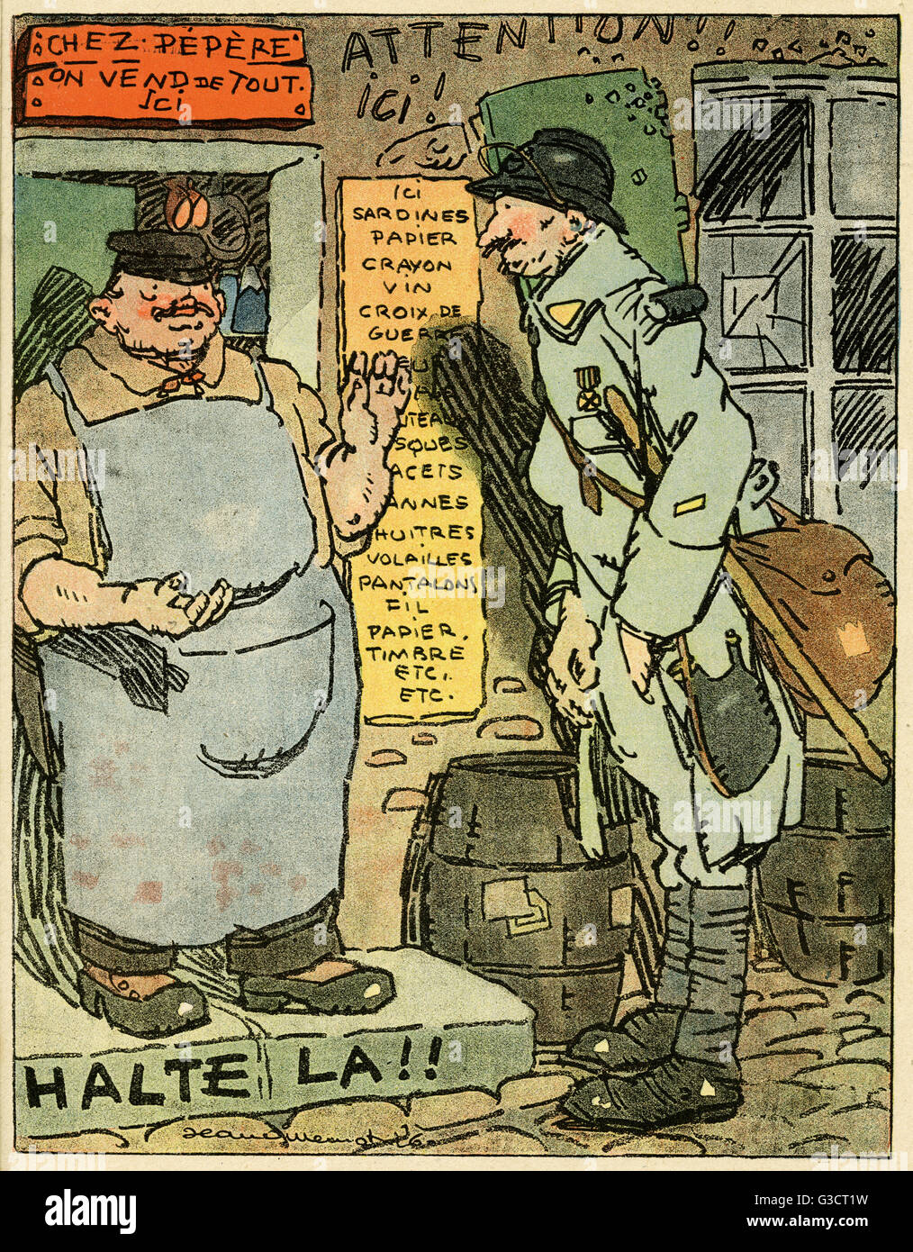 Cartoon, Trader and French soldier, WW1 Stock Photo