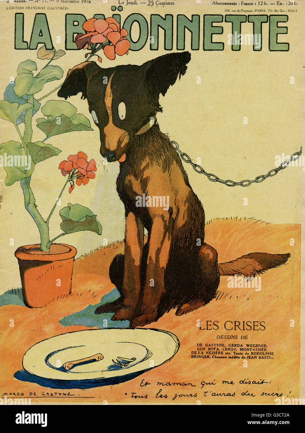 Front cover design for La Baionnette, an issue focusing on crises during the First World War.  A little dog looks at a few meagre bones on a plate and thinks: Mother told me I would have sugar every day!      Date: 1916 Stock Photo