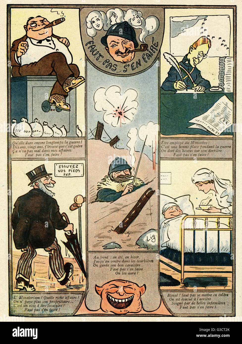 Cartoon, No need to worry, showing various complacent people, soldiers and  civilians, thinking that war isn't such a bad thing, as they themselves are  doing all right. Date: 1916 Stock Photo -