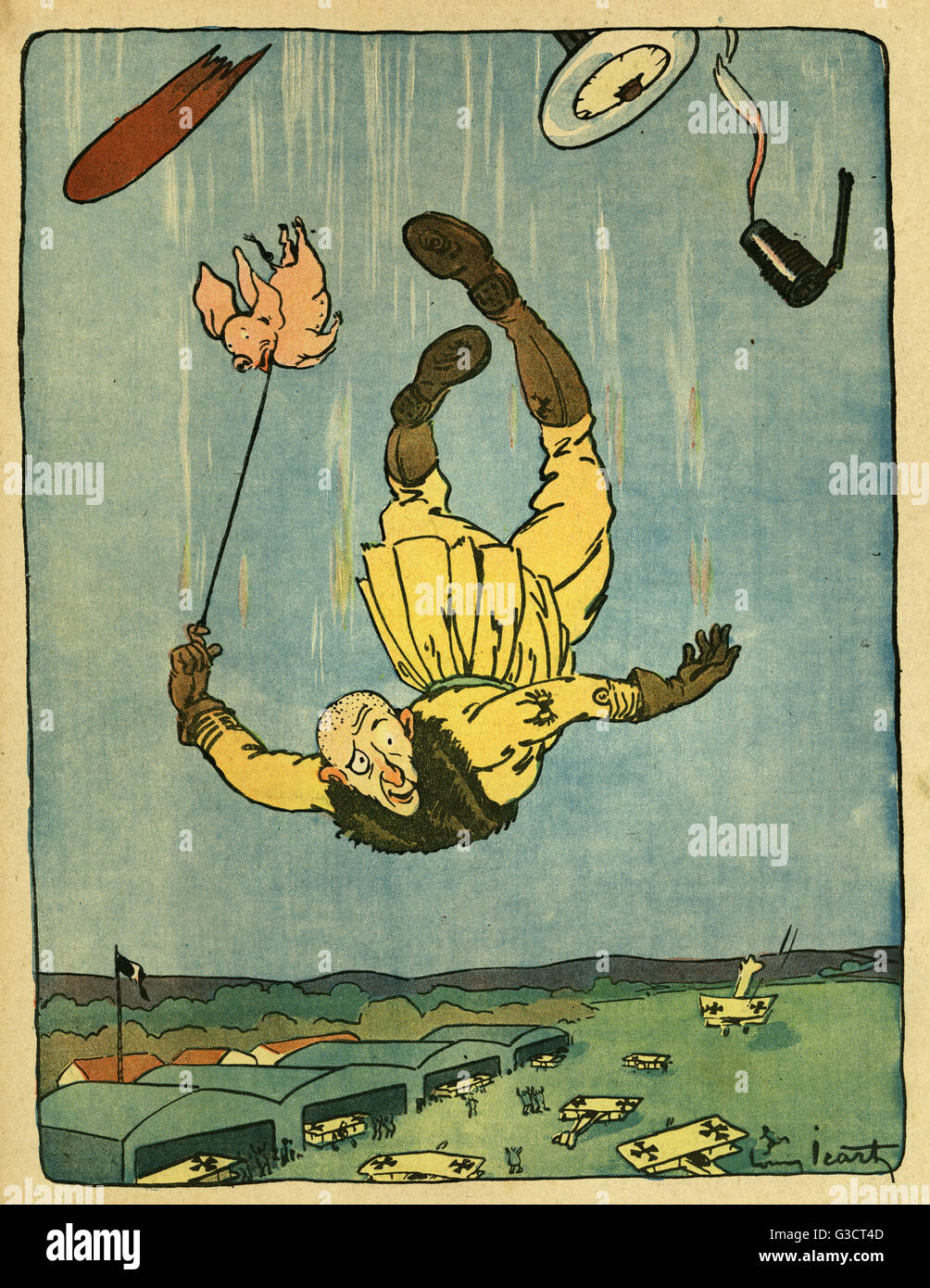 Cartoon, Pilot falling from plane, WW1 Stock Photo