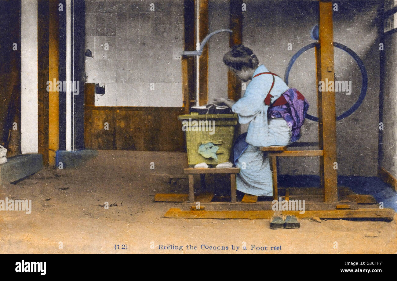 Japan - Silk Industry - Reeling the cocoons by foot reel Stock Photo