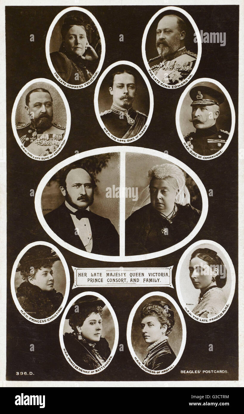 Queen Victoria (1819-1901) and Prince Consort Albert (1819-1961) and their Family (from top left, going across and then down): Victoria, Princess Royal (Victoria Adelaide Mary Louisa), German Empress and Queen of Prussia by marriage to German Emperor Fred Stock Photo