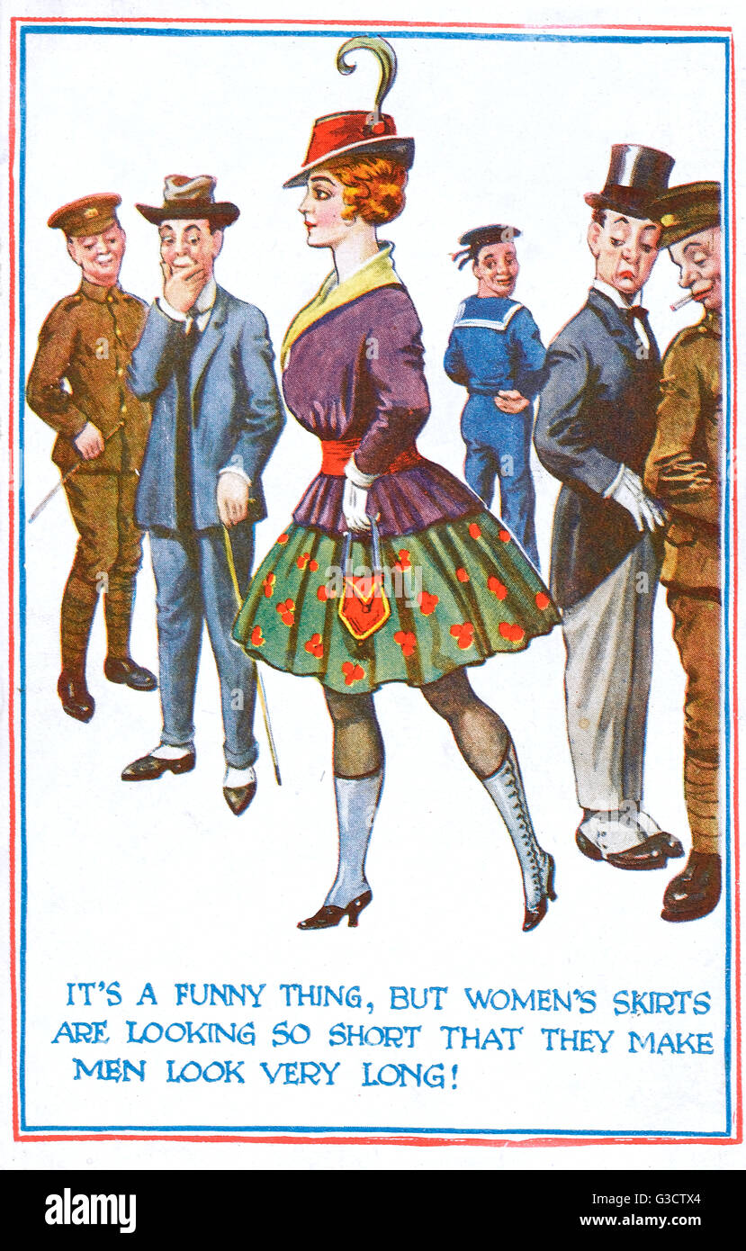 Comic postcard commenting on the length of women's skirts Stock Photo