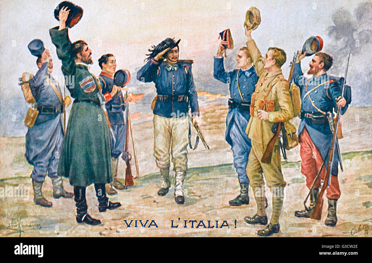 Viva L'Italia ! - WW1 Allegory - The Allies greet the arriving Italian Soldier - &quot;Banded together to face the foe.&quot;     Date: circa 1916 Stock Photo