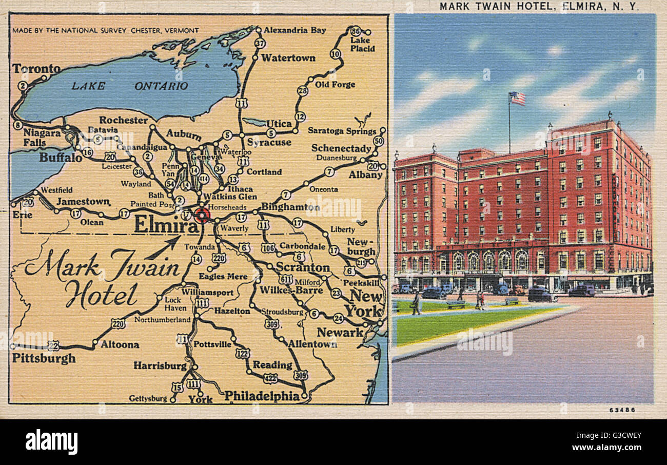 Mark Twain Hotel and map, Elmira, New York State, USA Stock Photo