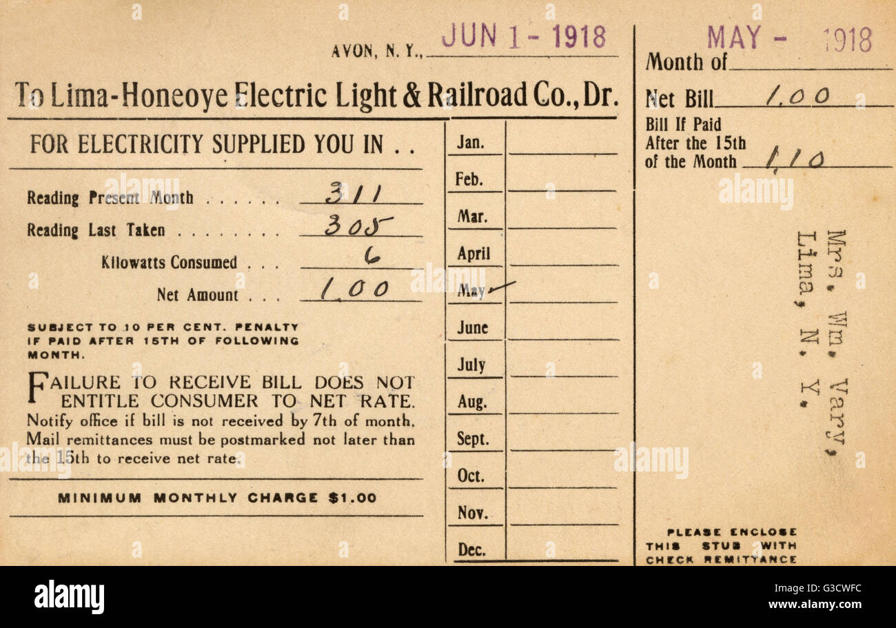 Electricity bill for resident of Lima, New York State, USA Stock Photo