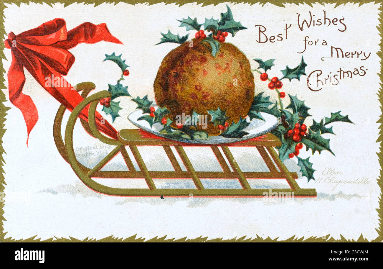 Delightful Chromolithograph Christmas greetings postcard by Ellen H. Clapsaddle depicting a sizeable Christmas Pudding being pulled along atop a wooden frame sled.     Date: circa 1907 Stock Photo