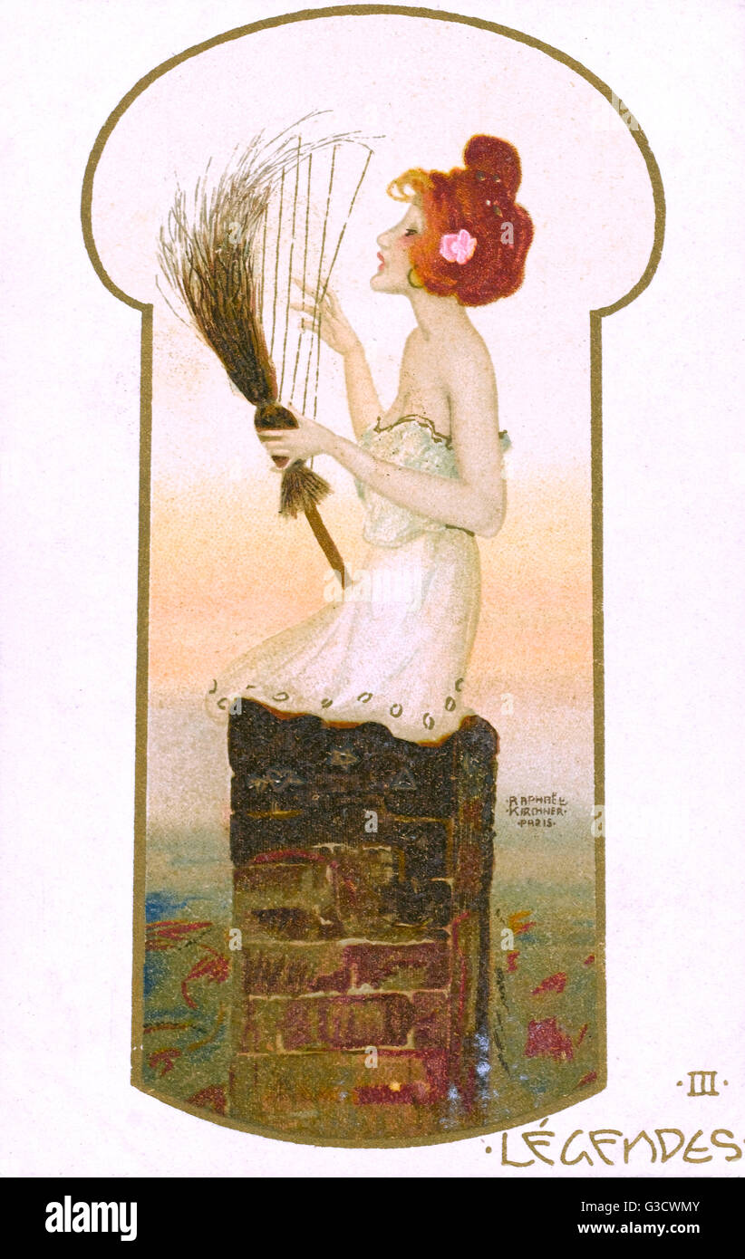 Raphael Kirchner - Pretty lady on a Chimney with broom harp Stock Photo