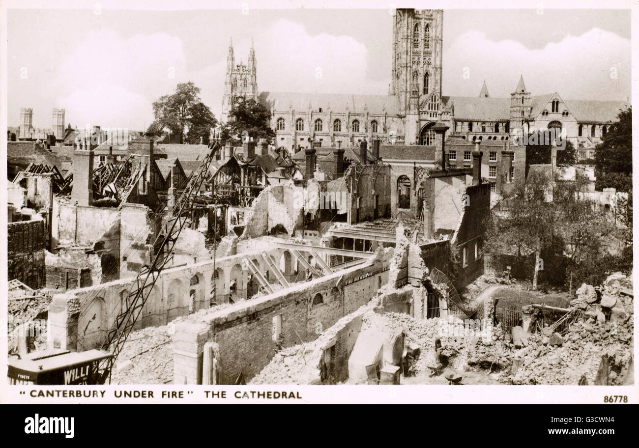 &quot;Canterbury under fire&quot; - Damage sustained by bombing on the city by German planes of the luftwaffe during WW2. The Baedeker Blitz (or Baedeker raids) were targetted raids, chosen for hitting sites of cultural or historical significance, rather Stock Photo