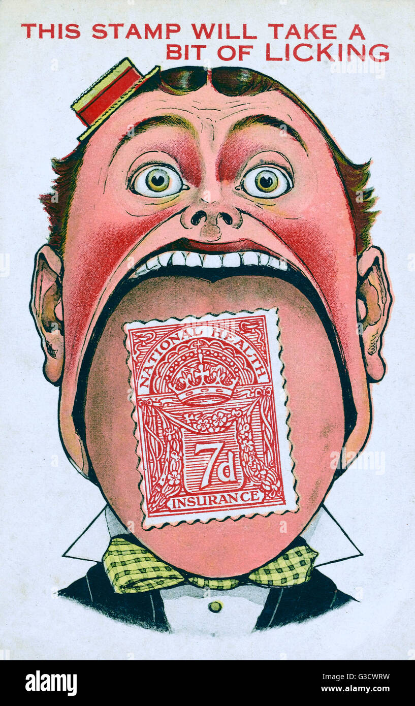 This Stamp will take a bit of licking - the introduction of the National Health Insurance stamp under the 1911 National Insurance Act. In the early twentieth century a free National Health Service did not yet exist and the poor could not usually afford me Stock Photo