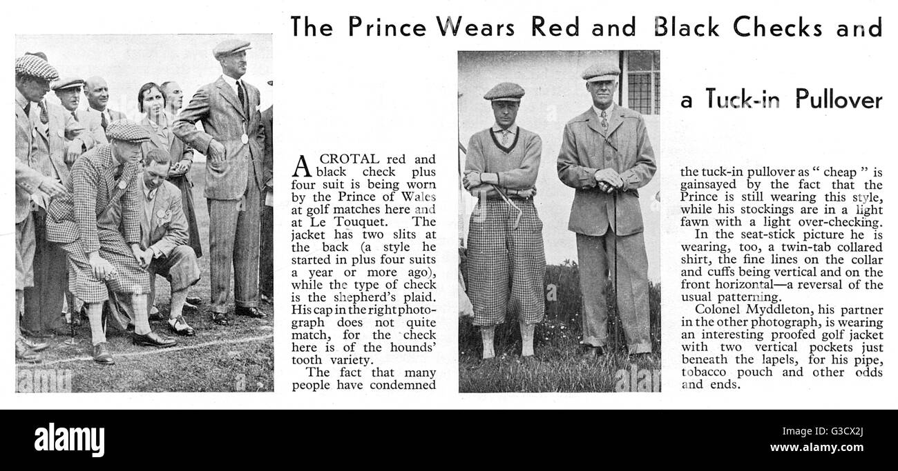 Article featured in the magazine, 'Man and his Clothes' commenting with interest on the ensemble worn by Edward, Prince of Wales (later King Edward VIII, Duke of Windsor) to play golf.  His plus four suit was in a crotal red and black check for matches he Stock Photo
