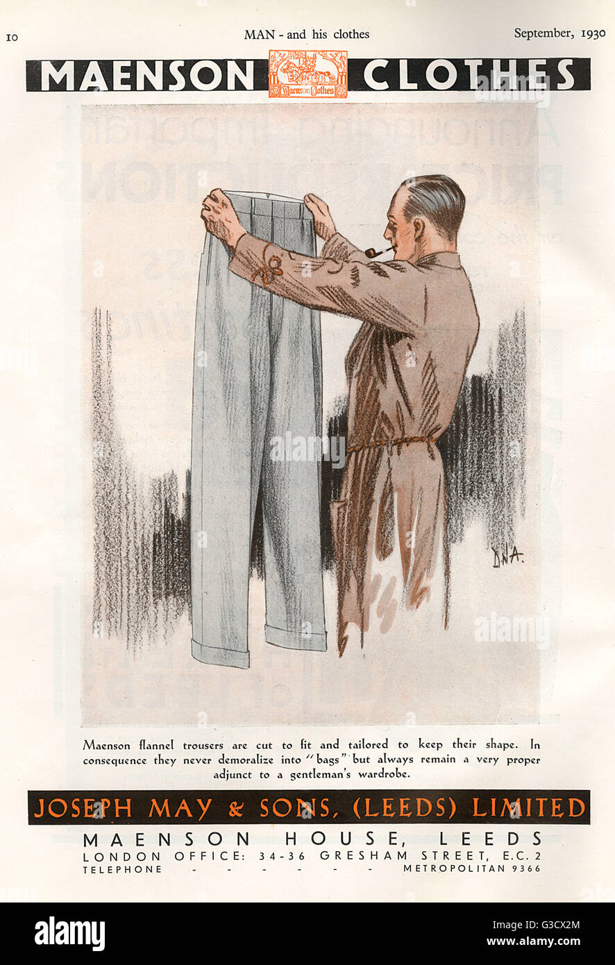 Maenson Clothes advertisement for flannel trousers, 1930 Stock Photo