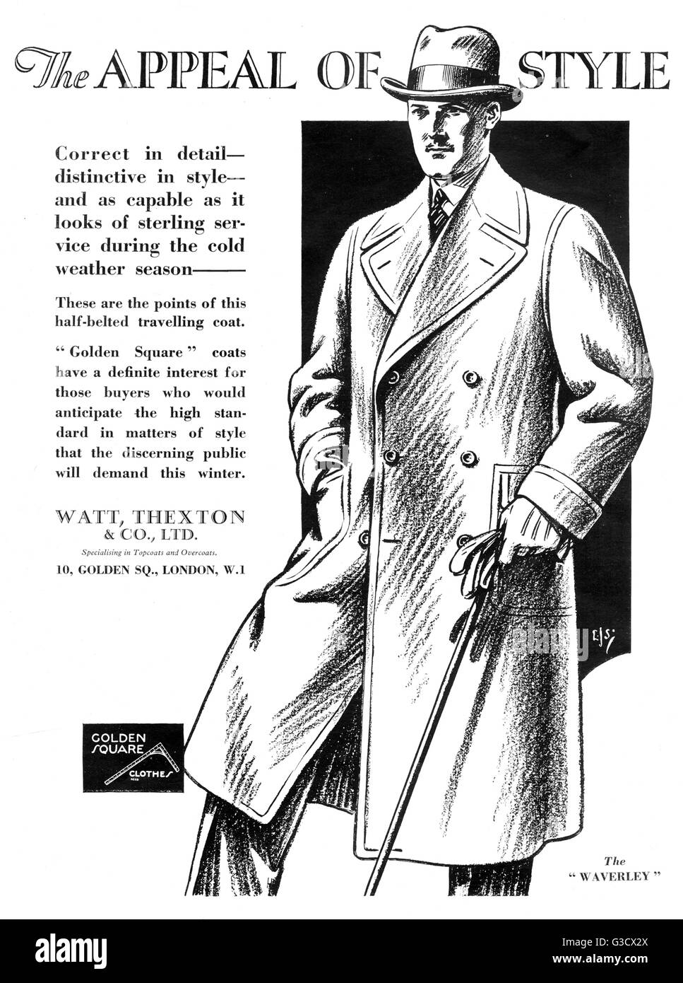 Advertisement for Golden Square clothes manufactured by Watt, Thexton and Co who specialised in overcoats and topcoats.  This half-belted travelling coat is described as, 'correct in detail - distinctive in style - and as capable as it looks of sterling s Stock Photo