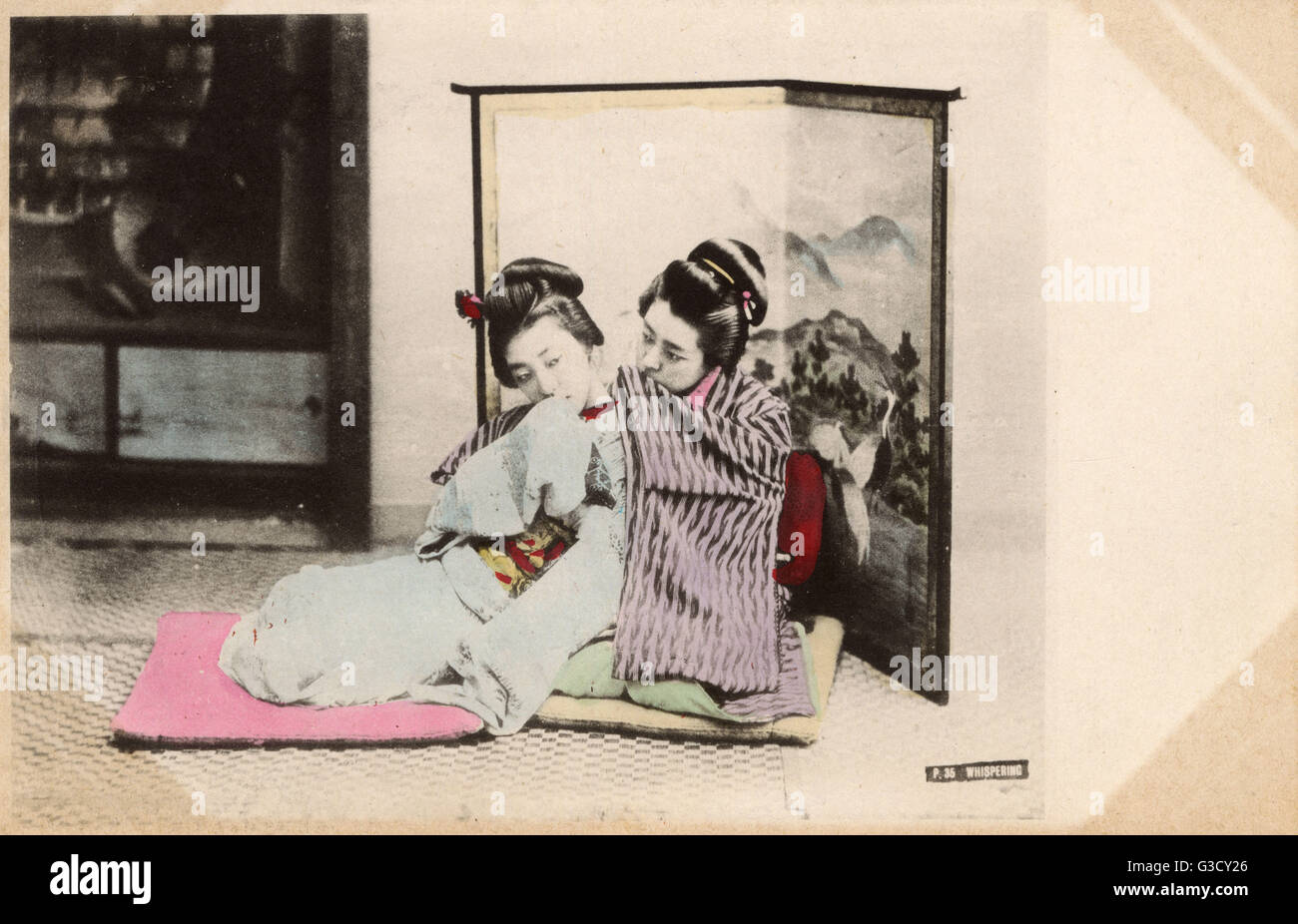 Japan - Two Geisha Girls whispering to each other Stock Photo - Alamy