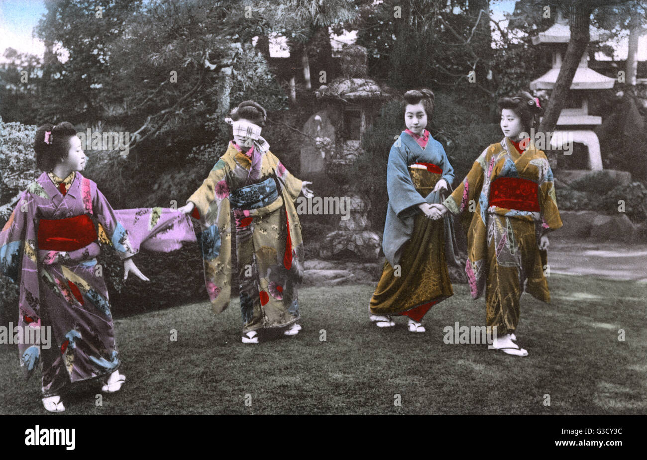 Garden Scene - Geisha - Japan - Four Geisha Girls playing a game (similar  to Blind Man's Buff?) Date: circa 1905 Stock Photo - Alamy