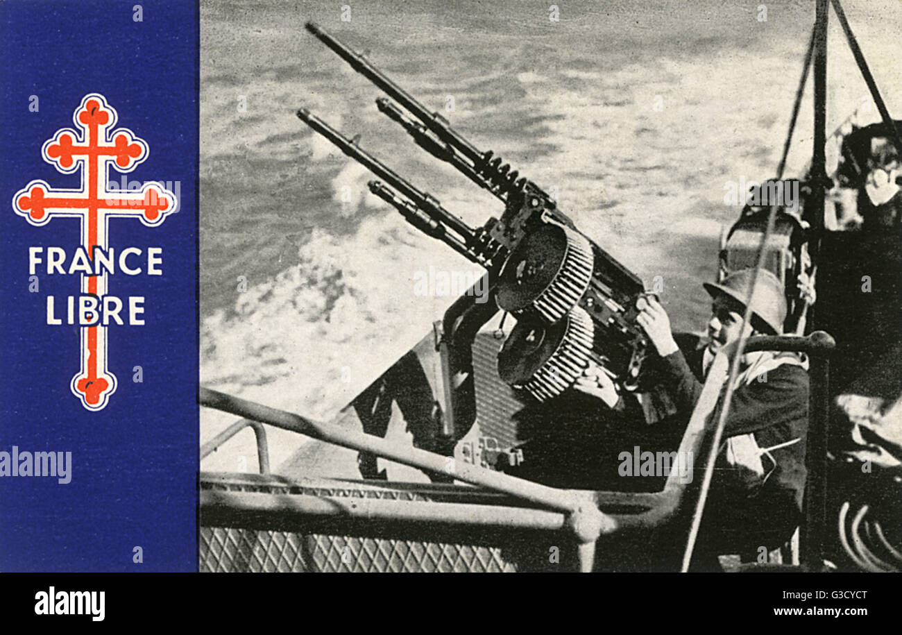 WW2 - Free French Navy gunner - Anti-Aircraft gun position Stock Photo