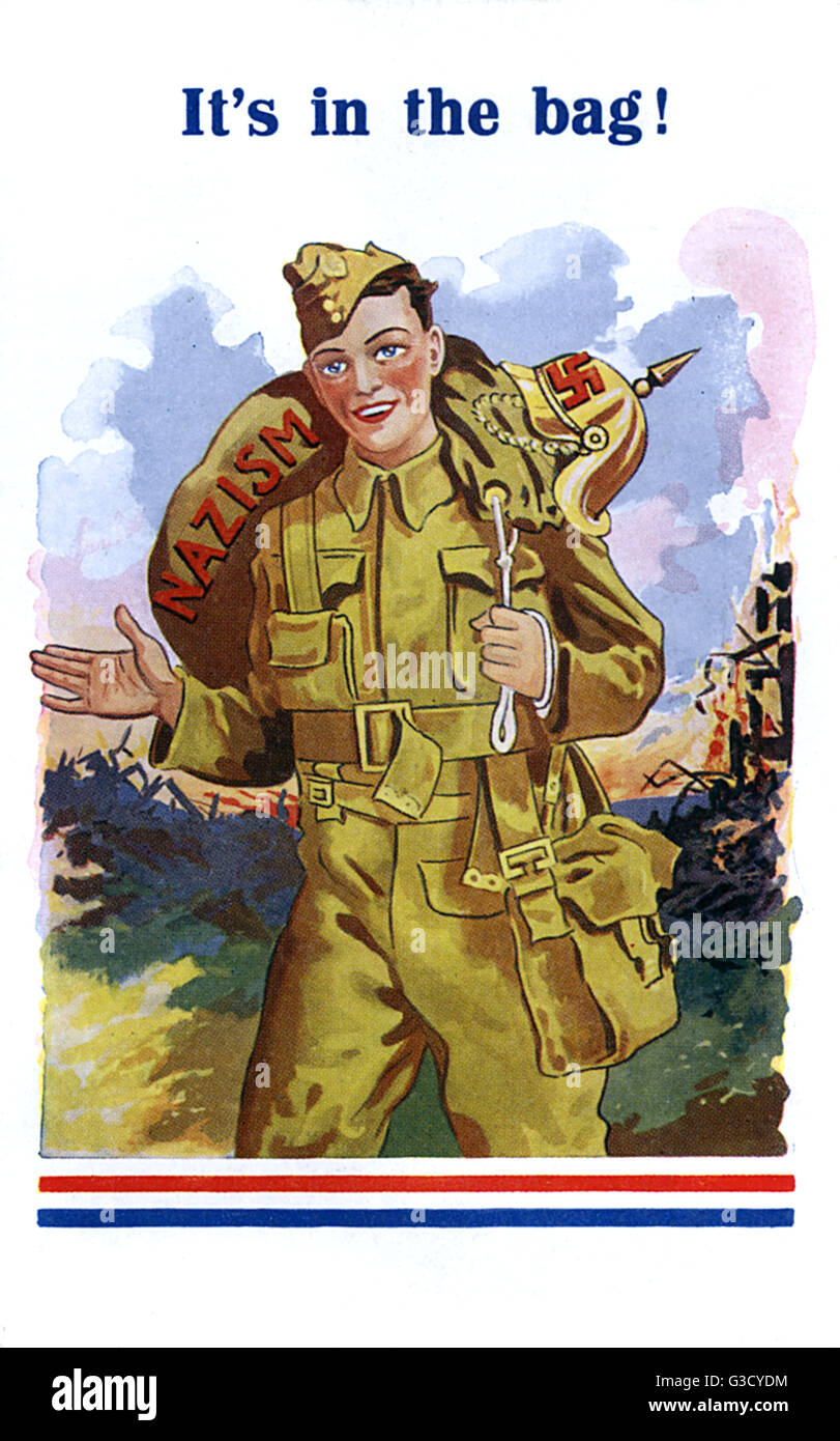 WW2 - British Soldier has Nazism 'in the bag' ! A very optimistic postcard published early in the war, predicting a swift end to proceedings in the Allies favour. Date: circa 1940 Stock Photo