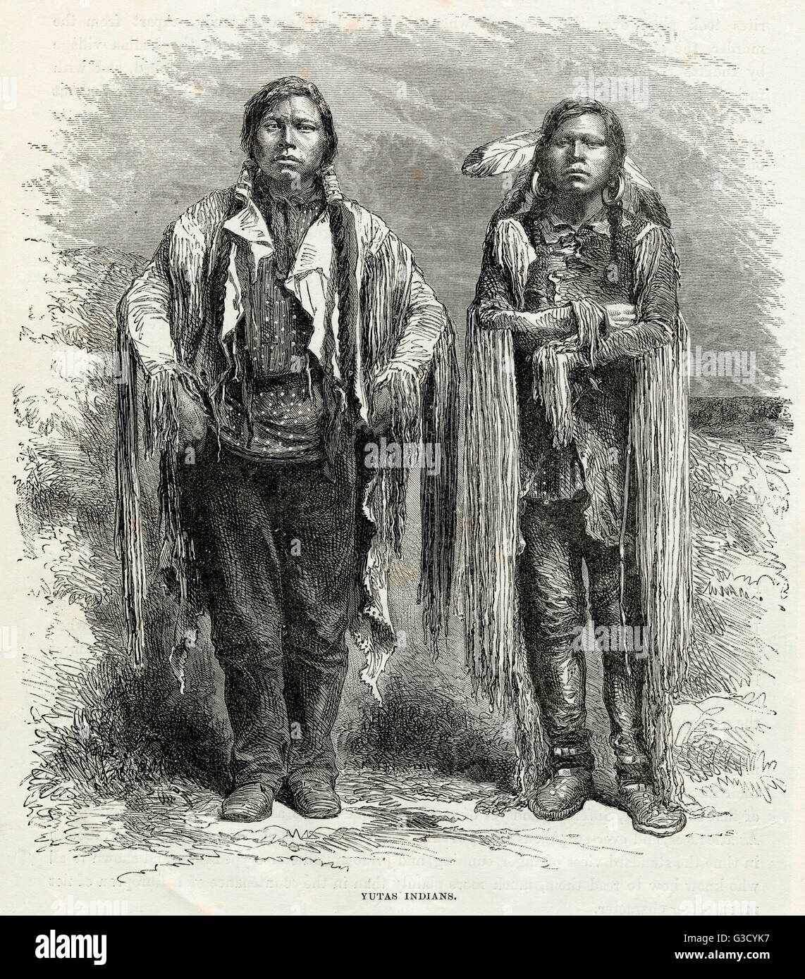 Yutas Indians, Ute Indians were a group of Indians that lived mostly around the mountainous area of Utah and Colorado near the Colorado River. Wearing traditional clothing long hair and feathers.      Date: Circa 1870 Stock Photo