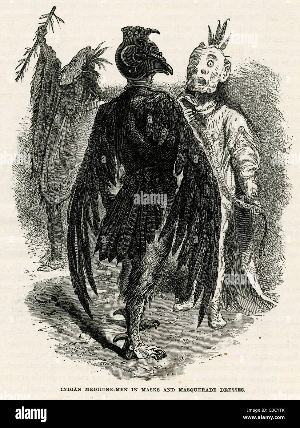 Native American Indian, three medicine men, two with masks and masquerade dresses, and one man dressed as a bird.  When men die, the all but universal belief among the Indians of the north-west coast is, that they go into birds - a sort of transmigration Stock Photo