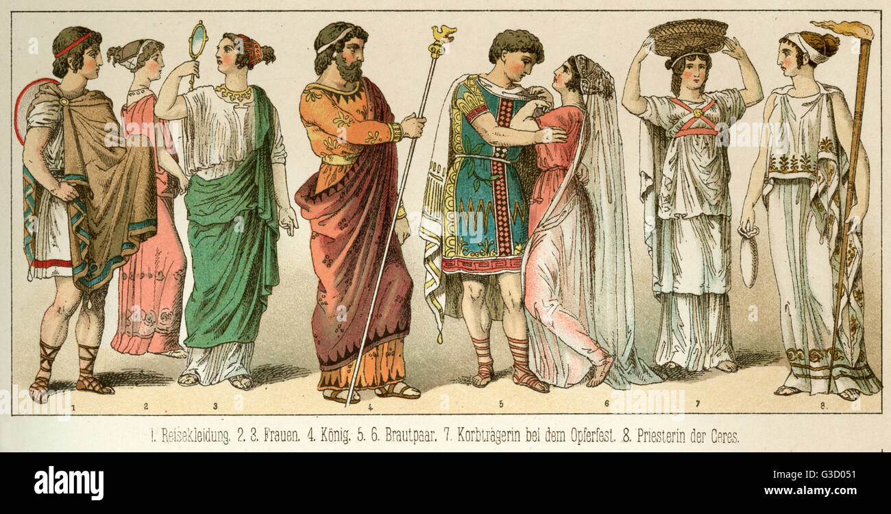 Ancient Greece costume, wearing chiton, peplos and peplum tunics and  himation.      Date: circa 500 BC Stock Photo