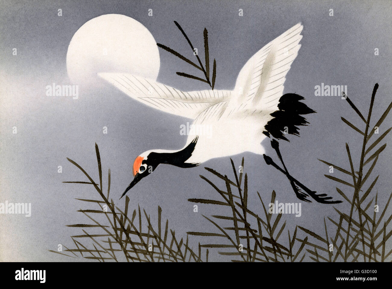 Japanese art postcard - Stork in flight beneath the moon Stock Photo