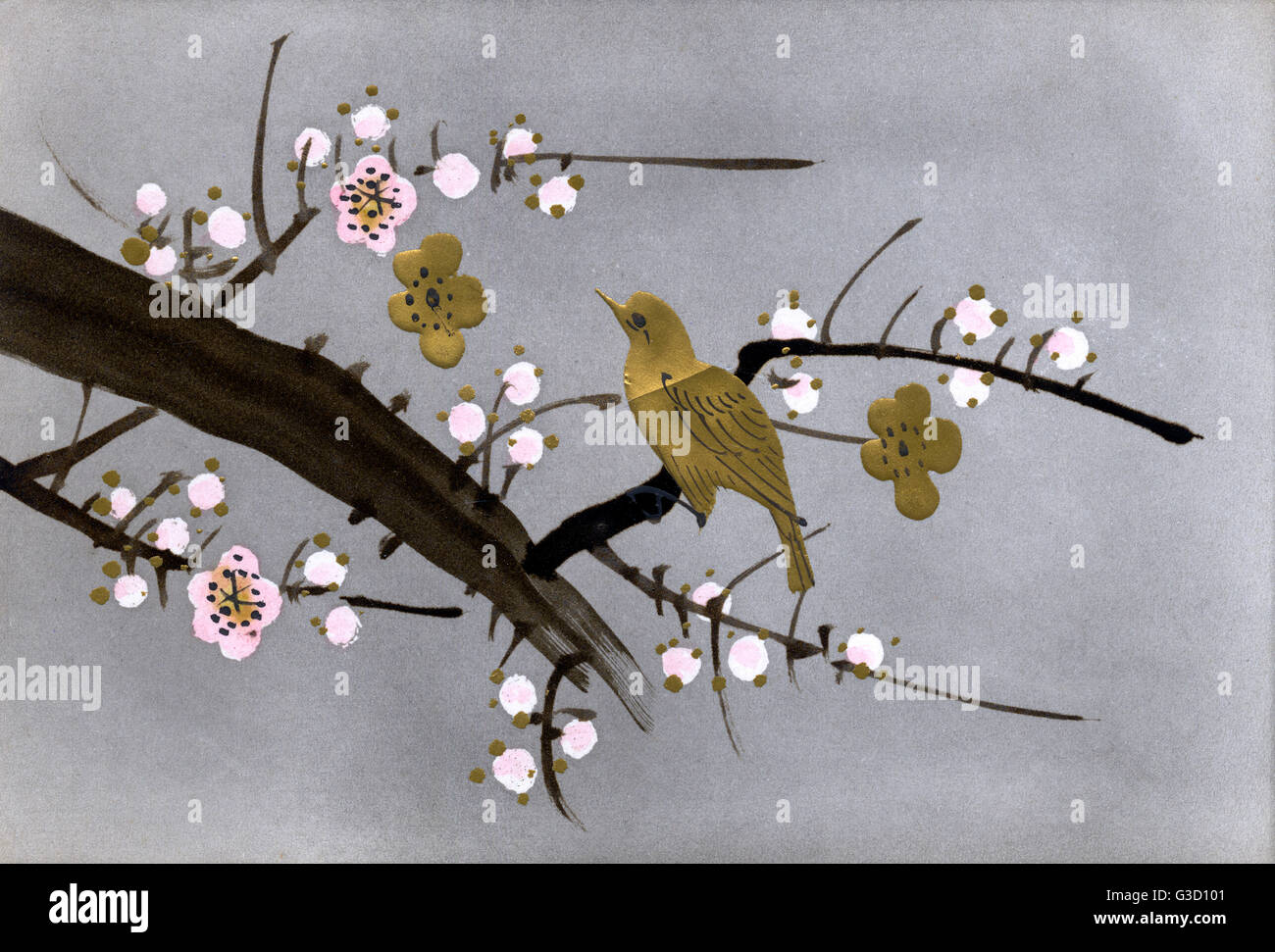 Japanese art postcard - Golden bird perched in blossom tree Stock Photo