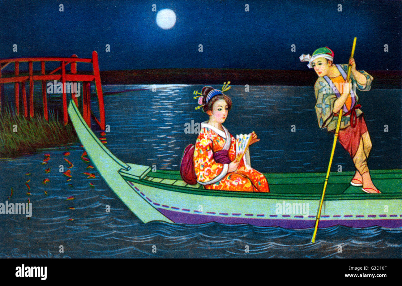 Japanese woman taken out for a moonlit boat trip on the lake     Date: circa 1900 Stock Photo