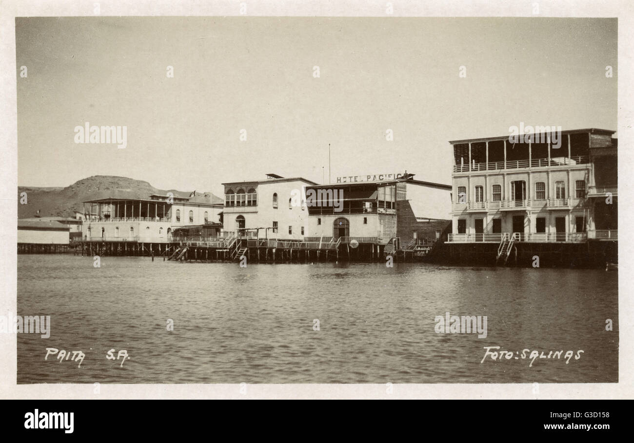 View from the sea of Paita, a seaport and city in north-western Peru, South  America. Visible in the centre is the Hotel Pacifico. Date: circa 1910  Stock Photo - Alamy