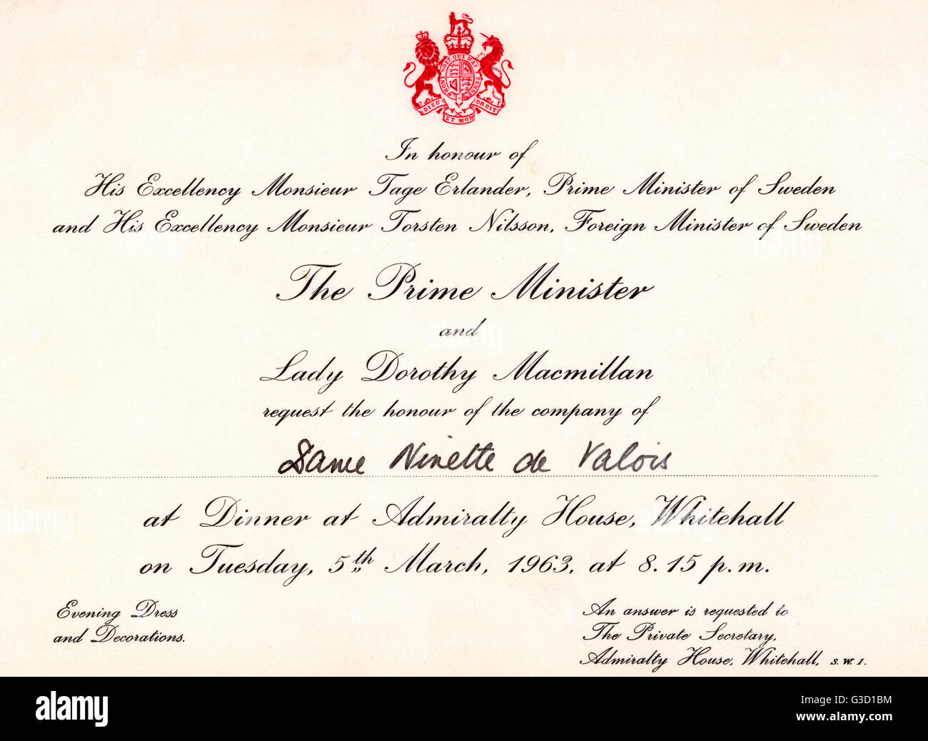 Invitation to a dinner in honour of His Excellency Monsieur Tage Erlander, Prime Minister of Sweden and His Excellency Monsieur Torsten Nilsson, Foreign Minister of Sweden from The Prime Minister Harold Macmillan and Lady Dorothy Macmillan to Dame Ninette Stock Photo