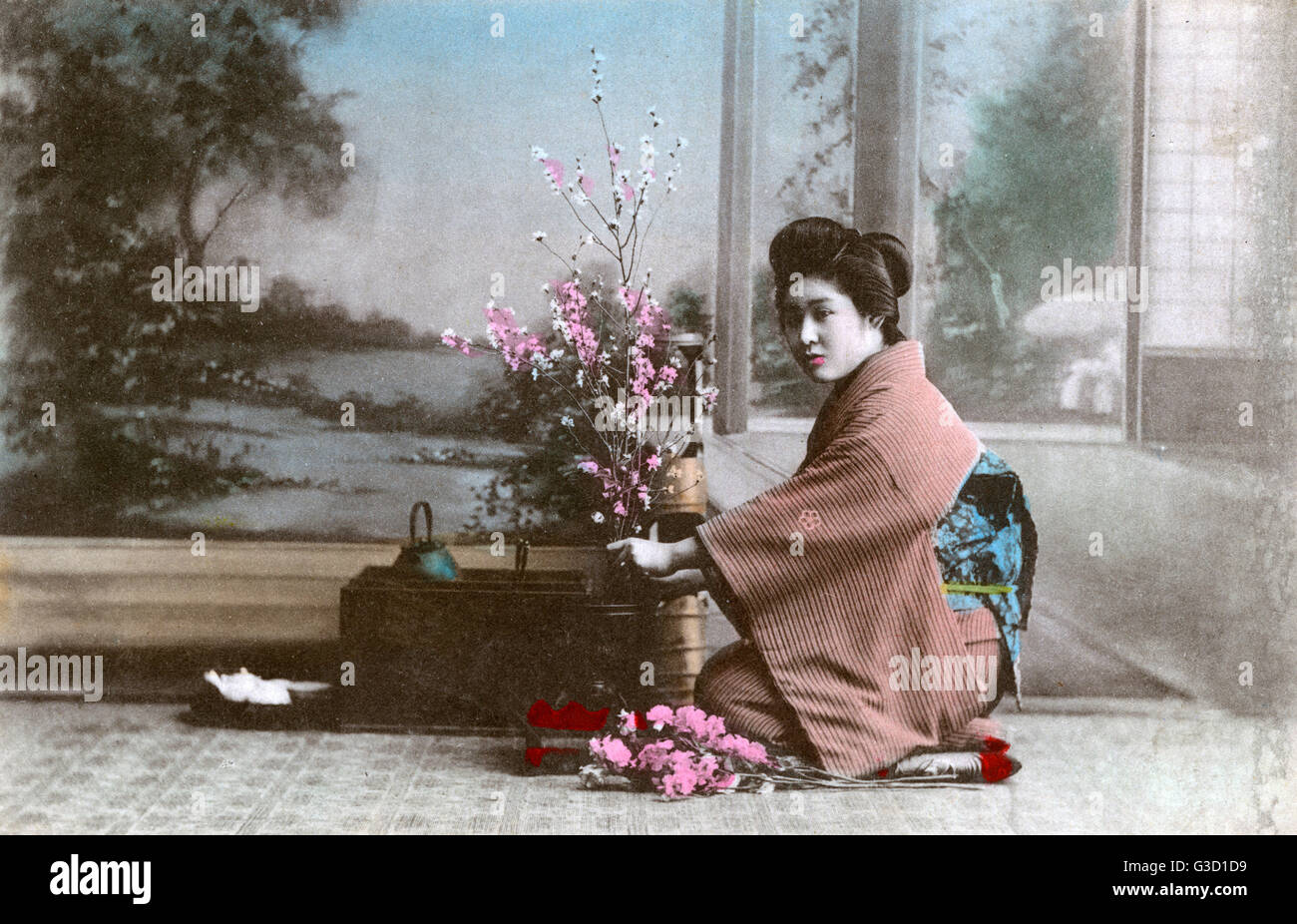 Japanese Geisha girl arranging flowers Stock Photo