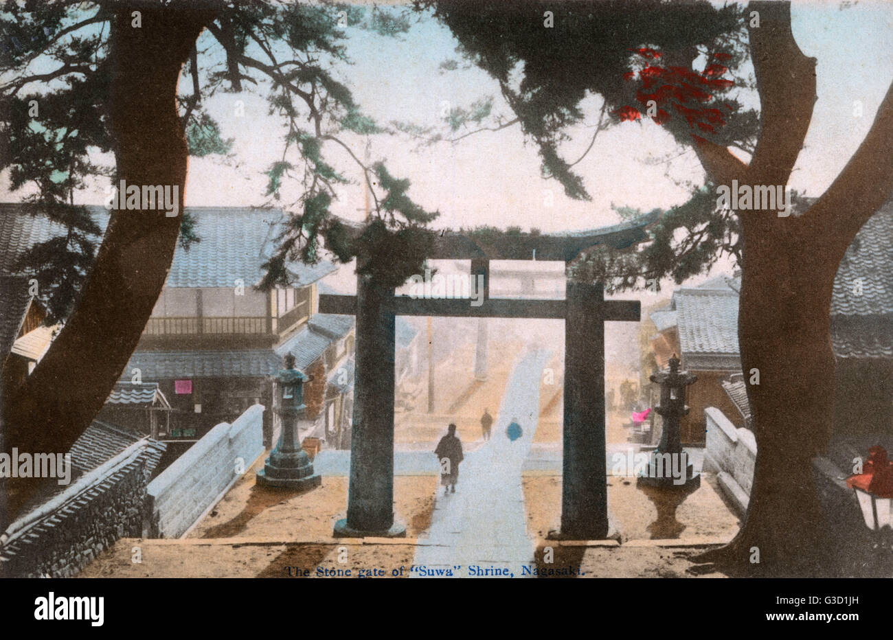 View down through the Torii - Suwa Shrine, Nagasaki, Japan Stock Photo