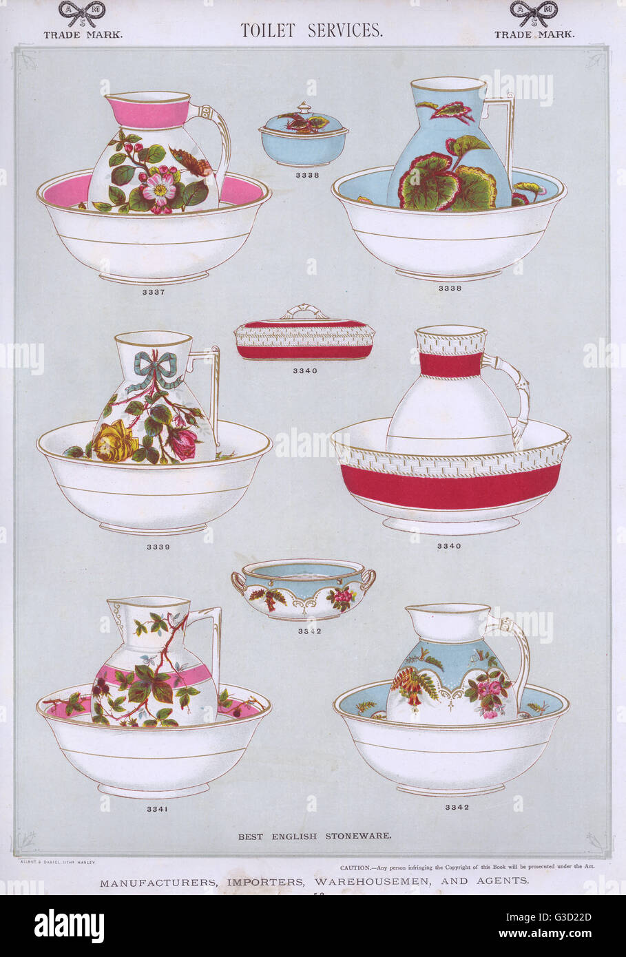 Toilet Services, Best English Stoneware, Plate 52, showing patterned washing bowls, jugs and