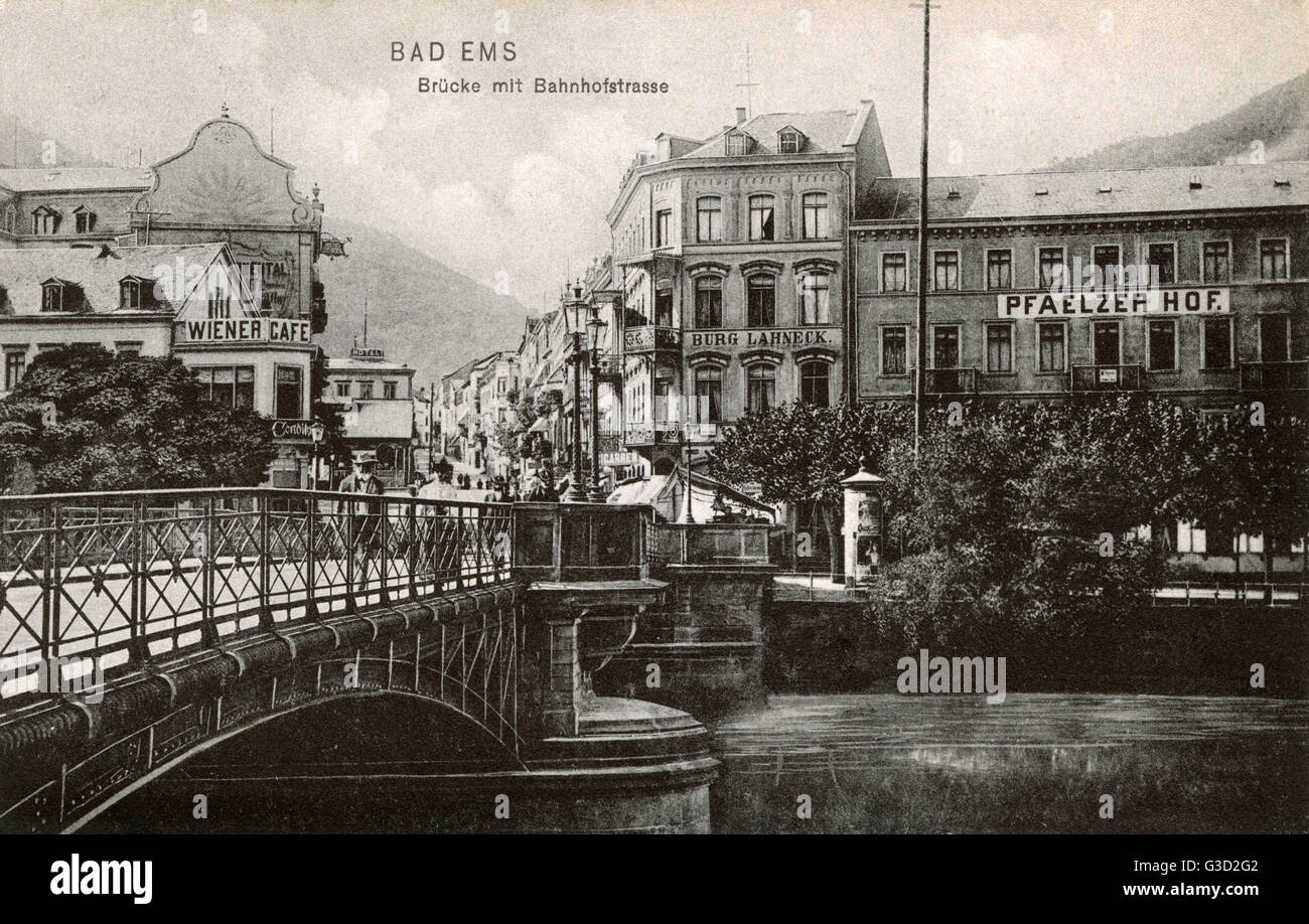 Bad Ems, Rheinland Pfalz, Germany - Bridge over the River Lahn and Bahnhofstrasse (Railway Station Street).     Date: 1907 Stock Photo