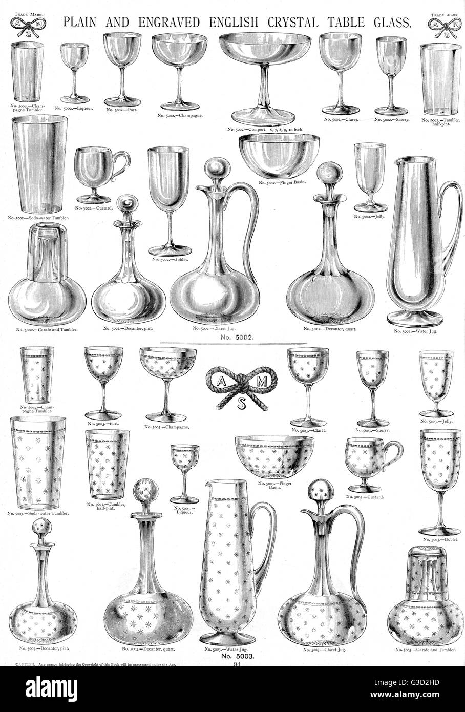 Plain and Engraved English Crystal Table Glass, Plate 94 Stock Photo