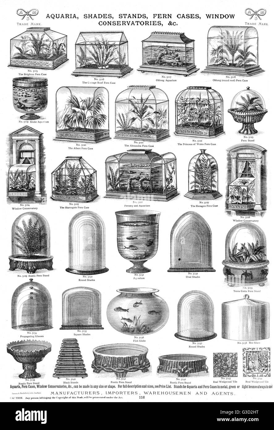 Aquaria, shades, stands, fern cases, window conservatories, Plate 116.      Date: circa 1880s Stock Photo