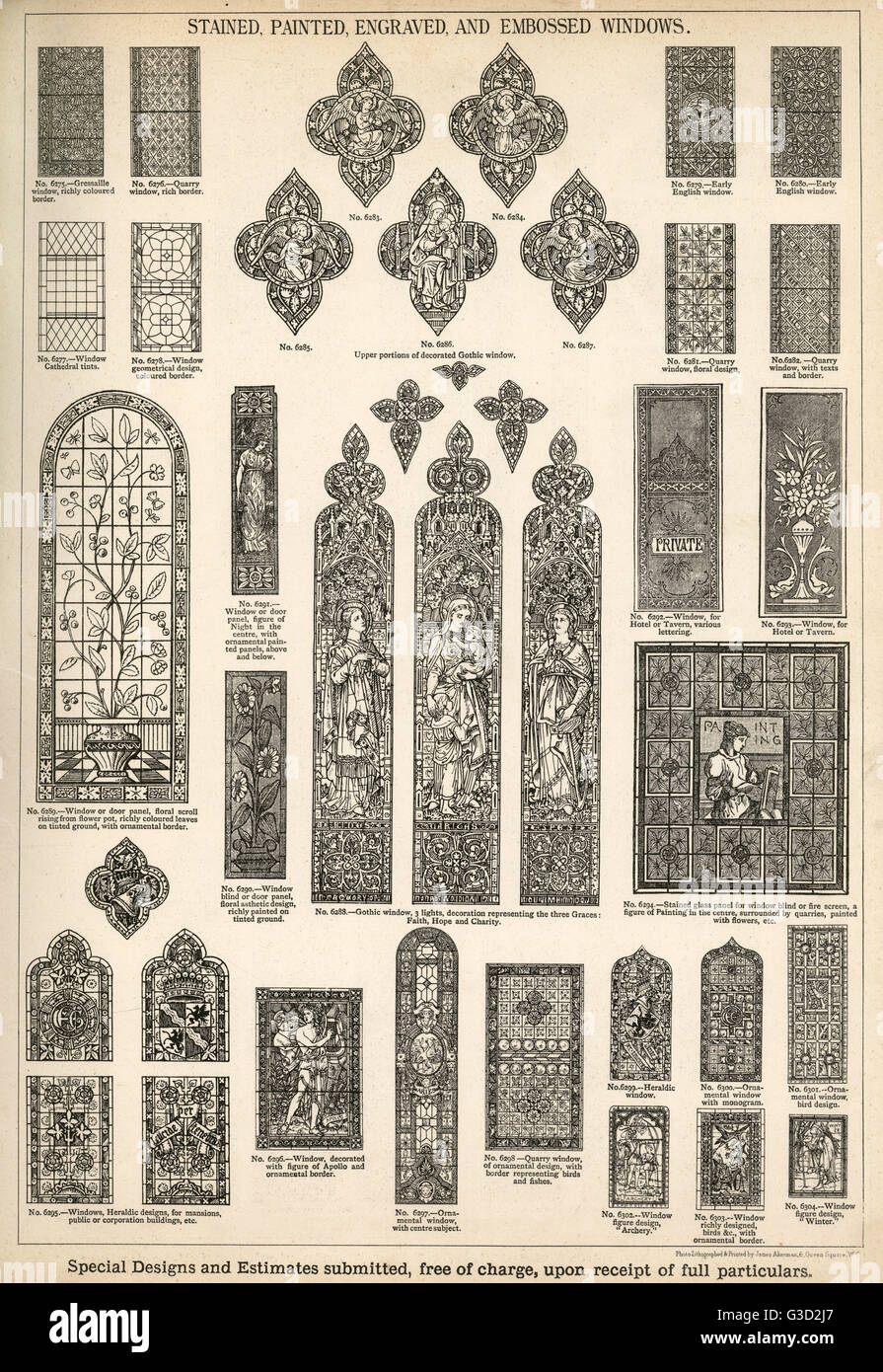 Stained, Painted, Engraved and Embossed Windows, Plate 164, showing a range of windows for churches, homes and other buildings.      Date: circa 1880s Stock Photo