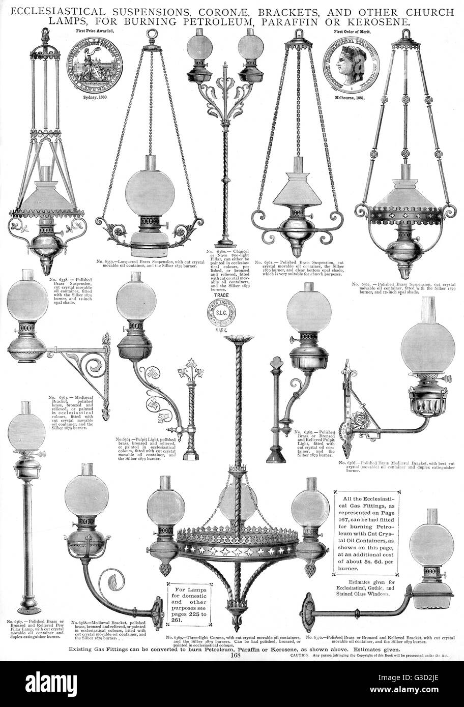 Ecclesiastical suspensions, coronae, brackets and other church lamps, for burning petroleum, paraffin or kerosene, Plate 168.       Date: circa 1880s Stock Photo