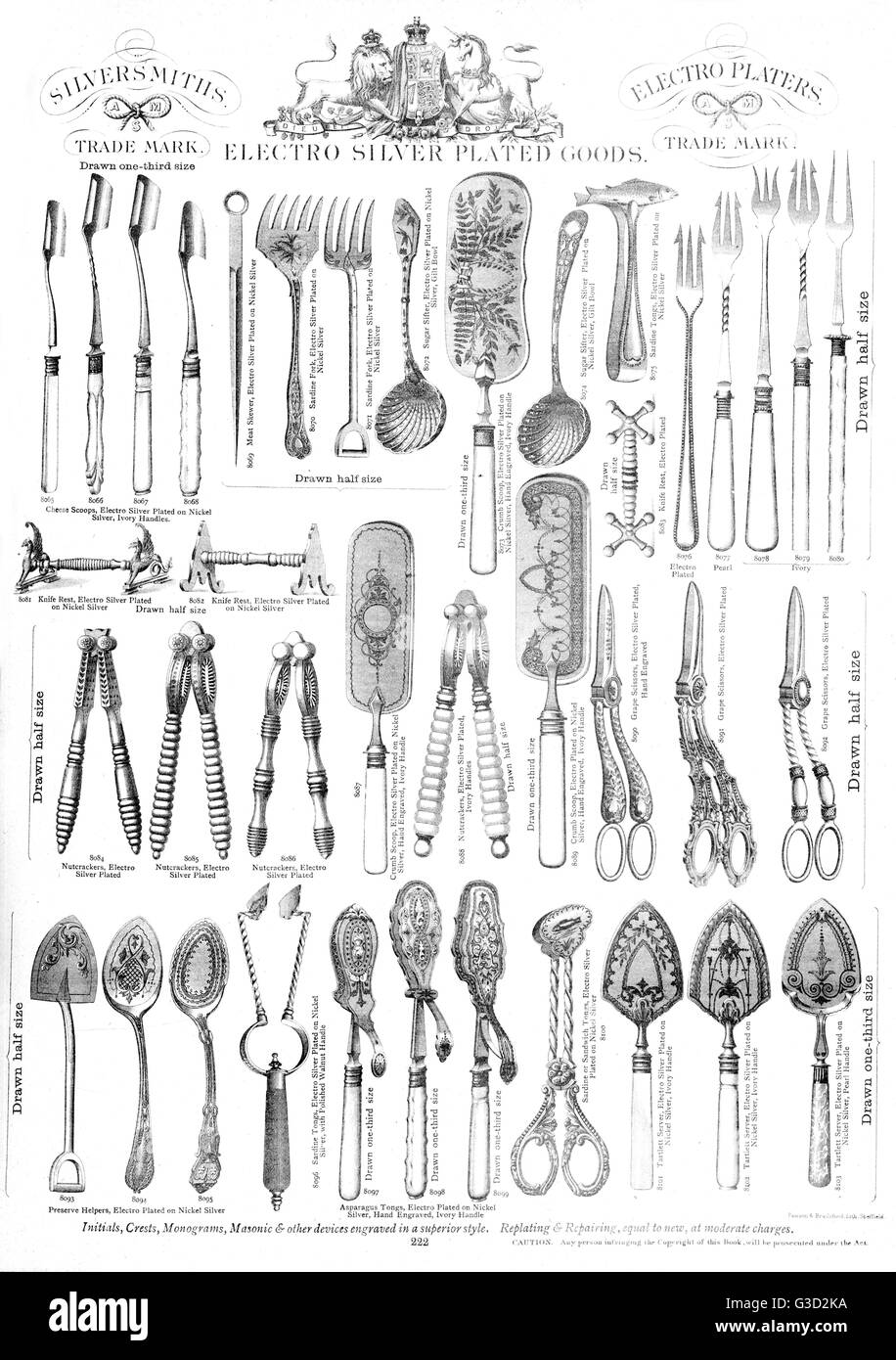 Electro silver plated goods, Plate 222, including a range of cutlery, nutcrackers, cheese scoops, sandwich tongs and grape scissors.      Date: circa 1880s Stock Photo