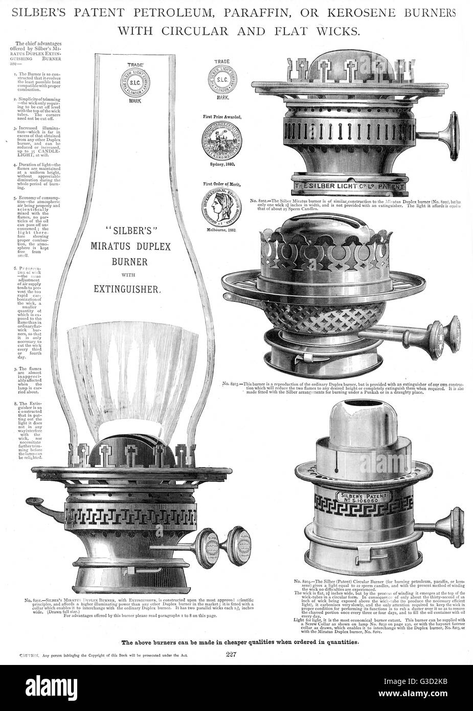 Silbers patent burners with wicks, Plate 227 Stock Photo