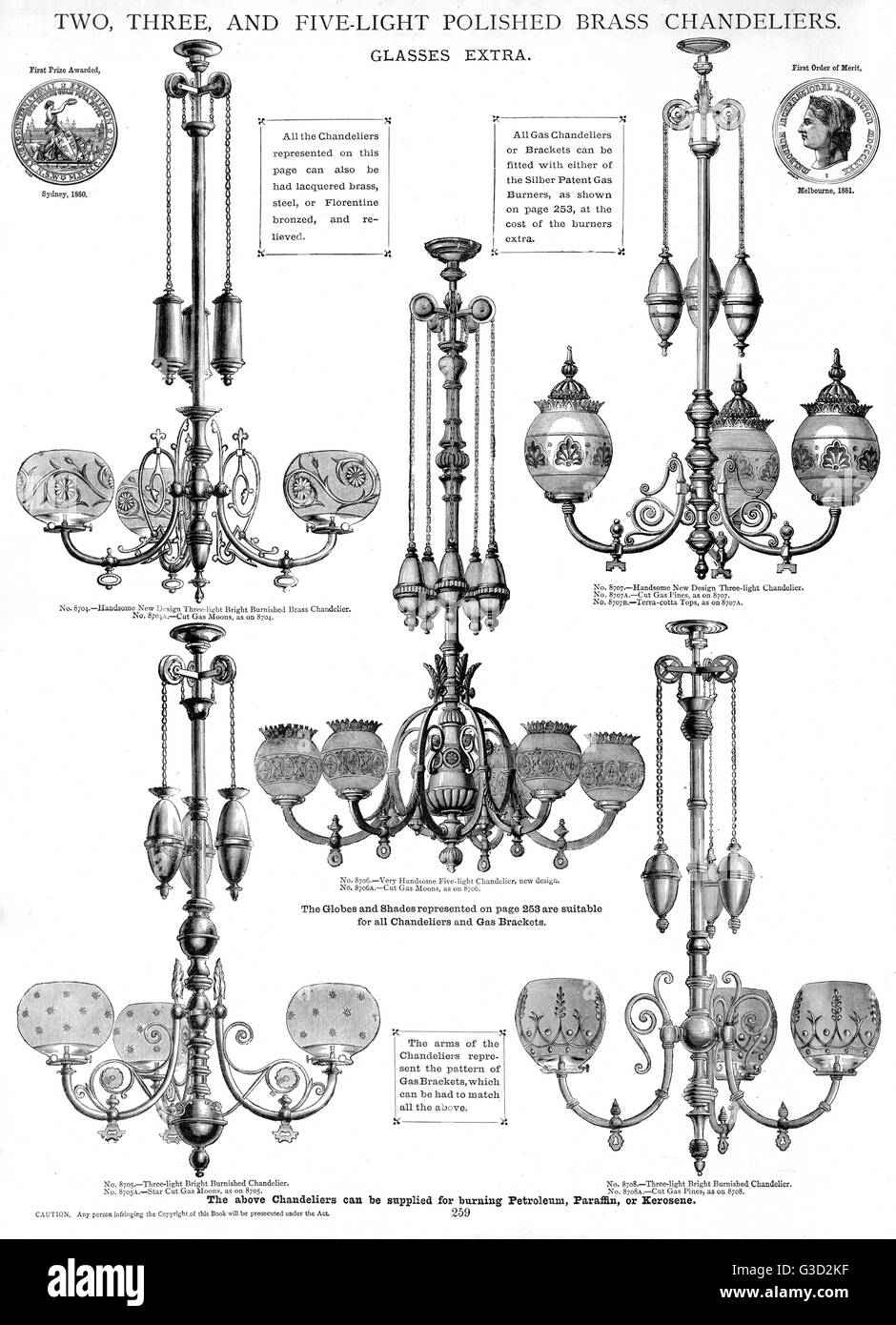 Two, three and five-light polished brass chandeliers, Plate 259.      Date: circa 1880s Stock Photo