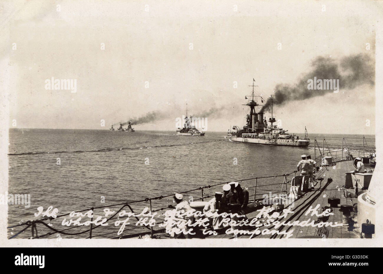 Photograph from the deck of the HMS Marlborough of the three other Iron-Duke Class Battleships of the British Mediterranean Fleet (the HMS Iron Duke, HMS Emperor of India and HMS Benbow) - which formed the 4th Battle Squadron (completed here by two unname Stock Photo