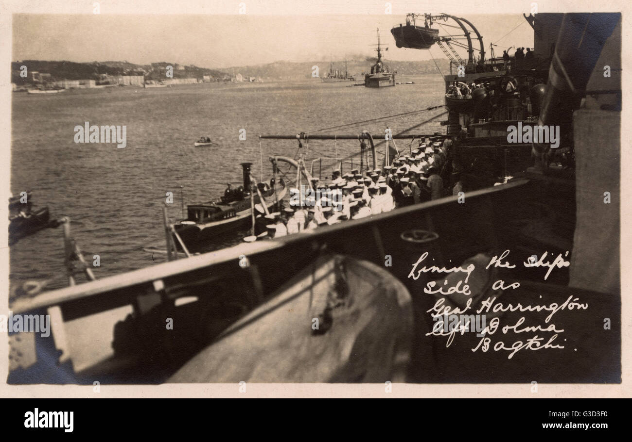HMS Marlborough - Lining Ships side as General Harrington departs in his launch - at Dolmabahce, Bosphorus Strait, Istanbul, Turkey. In August 1923, the Allied Powers turned over Istanbul to the Nationalists, marking the final departure of occupation armi Stock Photo