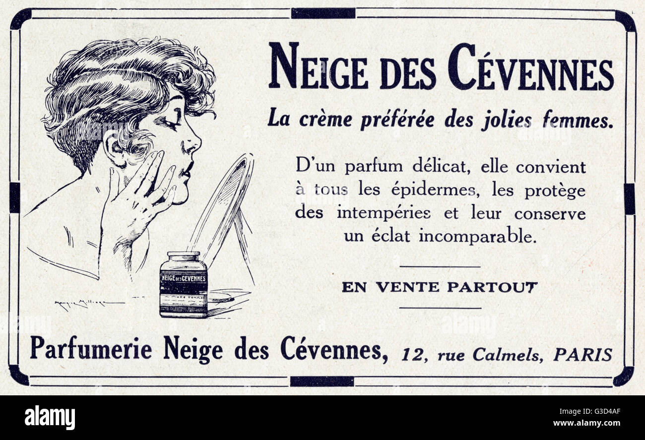 A recognizable image by Maurice Milliere in an advert for Neige des Cevennes.     Date: 1928 Stock Photo