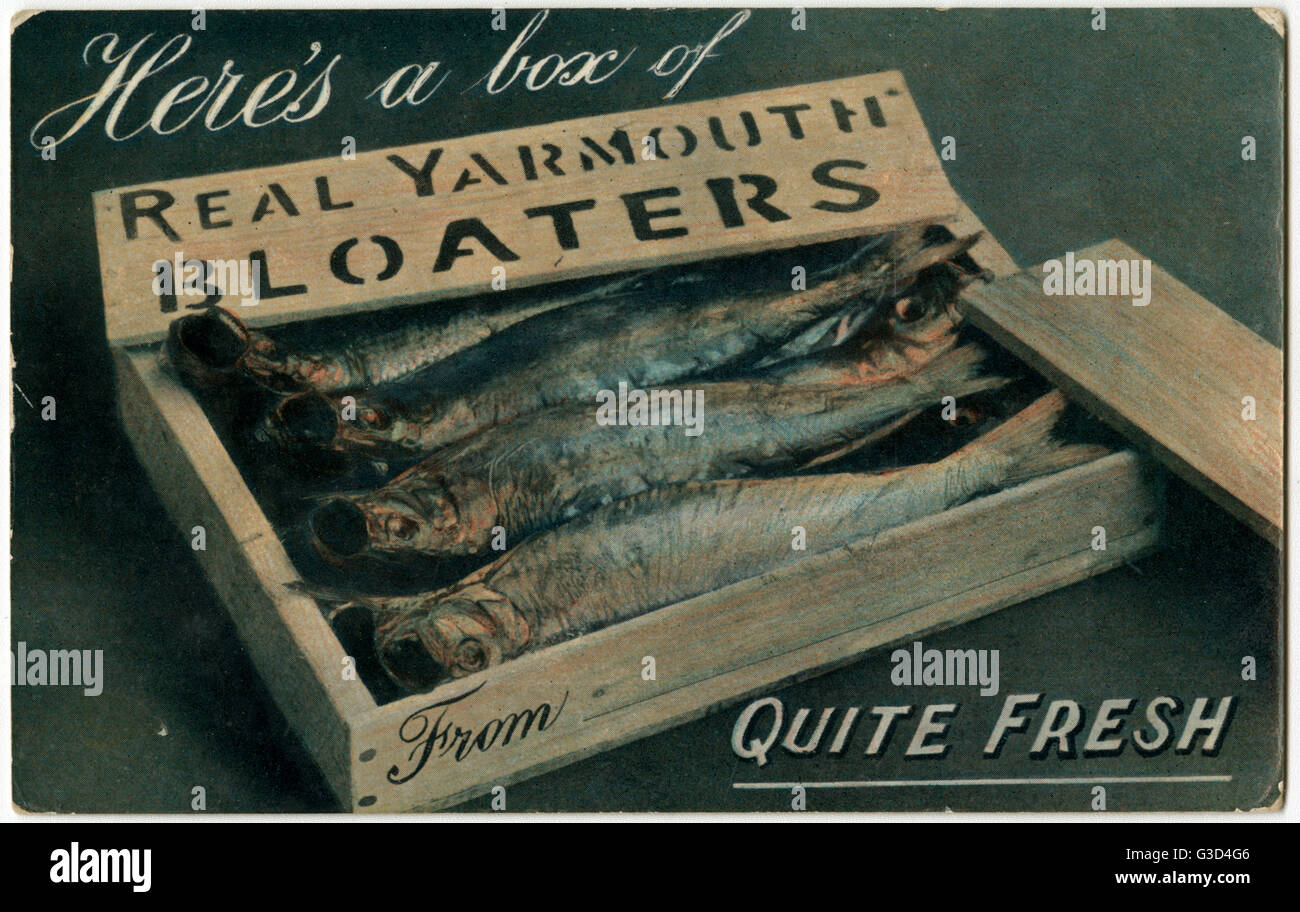Here's a box of Real Yarmouth Bloaters - quite fresh!     Date: 1907 Stock Photo