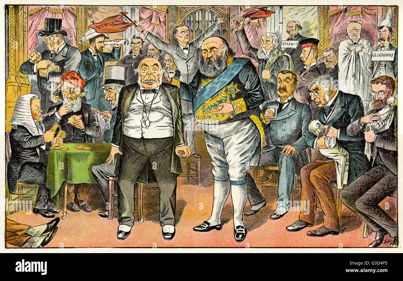 Cartoon, satire on the British government and its current issues.  Politicians depicted include Gladstone and Salisbury, respective Liberal and Conservative leaders.   1890 Stock Photo