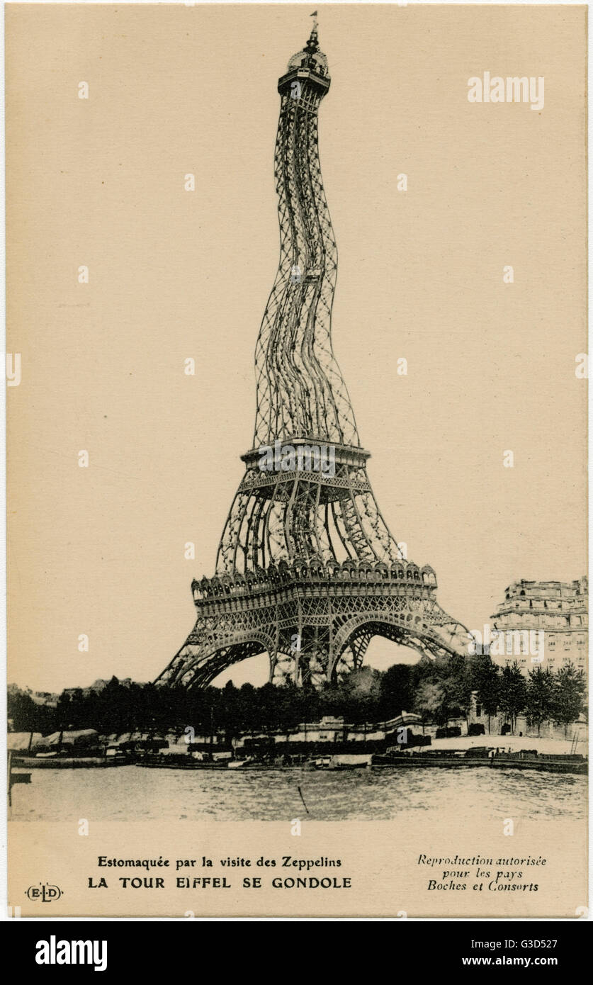 WW1 - Eiffel Tower in Paris is scared of the Zeppelin menace Stock Photo