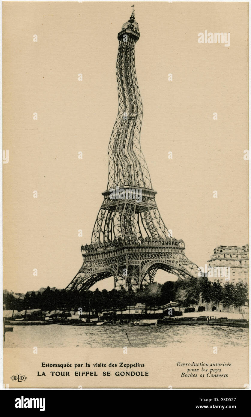 WW1 Eiffel Tower in Paris is scared of the Zeppelin menace and Stock