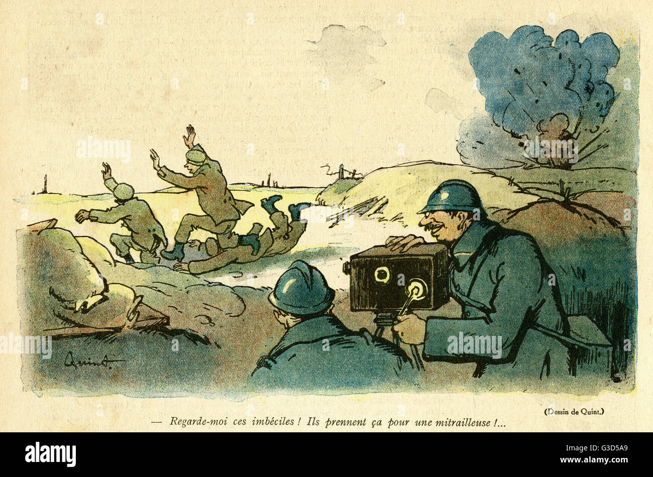 Cartoon, Filming on a battlefield, WW1 Stock Photo