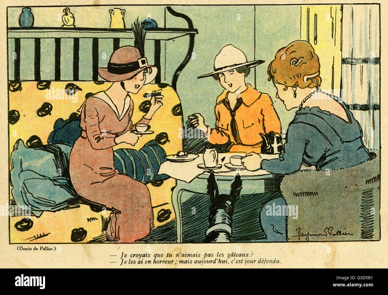 Cartoon, French women having tea and cake. One says to her friend I